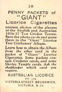 1936-37 Australian Licorice English & Australian Cricketers #18 Les Ames Back
