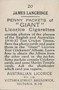 1936-37 Australian Licorice English & Australian Cricketers #20 James Langridge Back