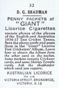 1936-37 Australian Licorice English & Australian Cricketers #32 Don Bradman Back