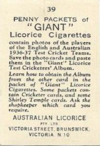 1936-37 Australian Licorice English & Australian Cricketers #39 Jack Fingleton Back