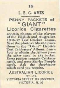 1936-37 Australian Licorice English & Australian Cricketers #18 Les Ames Back