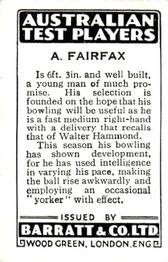 1930 Barratt Australian Test Players #NNO Alan Fairfax Back