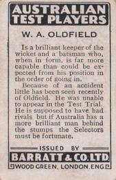 1930 Barratt Australian Test Players #NNO Bert Oldfield Back