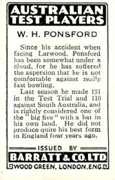 1930 Barratt Australian Test Players #NNO Bill Ponsford Back