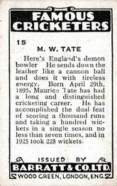 1930-31 Barratt Famous Cricketers #15 Maurice Tate Back