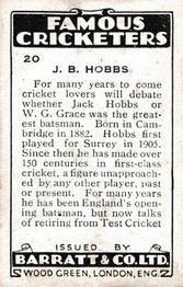 1930-31 Barratt Famous Cricketers #20 Jack Hobbs Back