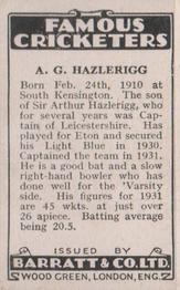 1932 Barratt & Co Famous Cricketers #NNO Arthur Hazlerigg Back