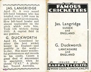 1934 Barratt & Co Famous Cricketers Folders #NNO James Langridge / George Duckworth Back