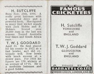1934 Barratt & Co Famous Cricketers Folders #NNO Herbert Sutcliffe / Tom Goddard Back