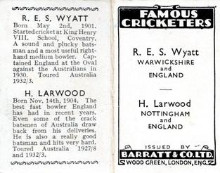 1934 Barratt & Co Famous Cricketers Folders #NNO Bob Wyatt / Harold Larwood Back