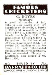 1937 Barratt & Co Famous Cricketers #NNO George Boyes Back