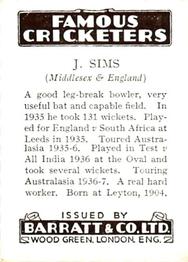 1937 Barratt & Co Famous Cricketers #NNO Jim Sims Back