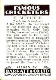 1937 Barratt & Co Famous Cricketers #NNO Herbert Sutcliffe Back