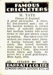 1937 Barratt & Co Famous Cricketers #NNO Maurice Tate Back
