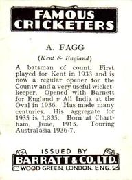 1937 Barratt & Co Famous Cricketers #NNO Arthur Fagg Back