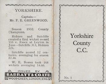 1933 Barratt & Co Cricket Team Folders #1 Yorkshire Cricket Club Back