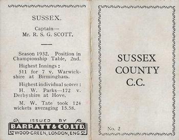 1933 Barratt & Co Cricket Team Folders #2 Sussex Cricket Club Back