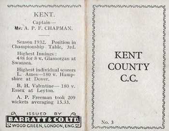 1933 Barratt & Co Cricket Team Folders #3 Kent Cricket Club Back