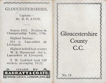 1933 Barratt & Co Cricket Team Folders #13 Gloucestershire Cricket Club Back