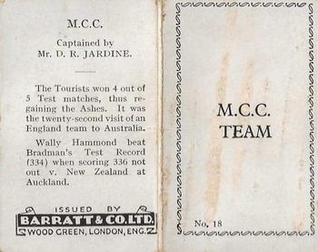 1933 Barratt & Co Cricket Team Folders #18 M.C.C.(Australasian Tour) 1932-33 Back