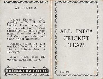 1933 Barratt & Co Cricket Team Folders #19 All India Cricket Team 1932 Back