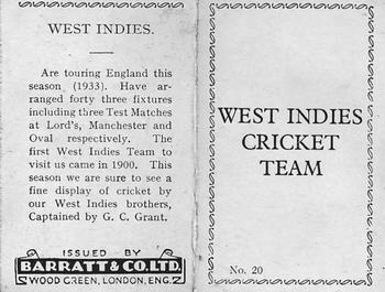 1933 Barratt & Co Cricket Team Folders #20 West Indies Cricket Team Back