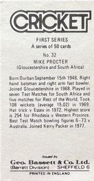 1978 Geo.Bassett Confectionery Cricketers First Series #32 Mike Procter Back