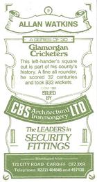 1983 CBS Ltd Glamorgan Cricketers #9 Allan Watkins Back