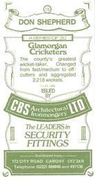 1983 CBS Ltd Glamorgan Cricketers #16 Don Shepherd Back