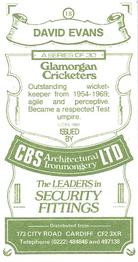 1983 CBS Ltd Glamorgan Cricketers #18 David Evans Back