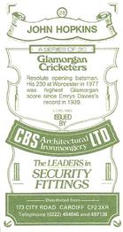 1983 CBS Ltd Glamorgan Cricketers #28 John Hopkins Back