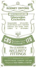 1983 CBS Ltd Glamorgan Cricketers #30 Rodney Ontong Back