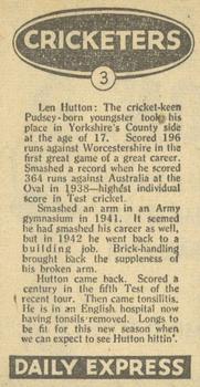 1947 Daily Express Newspaper Cricketers #3 Len Hutton Back