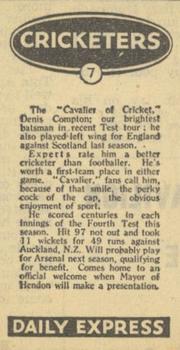 1947 Daily Express Newspaper Cricketers #7 Denis Compton Back