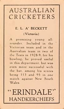 1930 Erindale Handkerchiefs Australian Cricketers #NNO Ted a'Beckett Back
