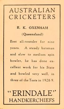1930 Erindale Handkerchiefs Australian Cricketers #NNO Ron Oxenham Back