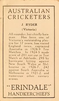 1930 Erindale Handkerchiefs Australian Cricketers #NNO Jack Ryder Back