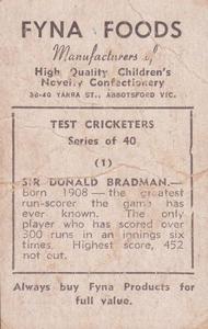 1950 Fyna Foods Test Cricketers #1 Sir Donald Bradman Back