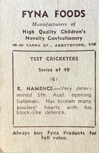 1950 Fyna Foods Test Cricketers #6 Ron Hamence Back