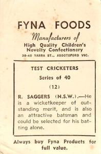 1950 Fyna Foods Test Cricketers #12 Ronald Saggers Back