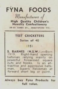 1950 Fyna Foods Test Cricketers #15 Sidney Barnes Back