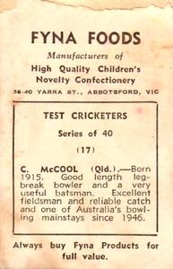 1950 Fyna Foods Test Cricketers #17 Colin McCool Back