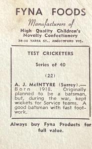 1950 Fyna Foods Test Cricketers #22 Arthur McIntyre Back
