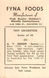 1950 Fyna Foods Test Cricketers #33 Alec Bedser Back