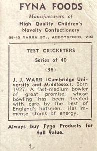 1950 Fyna Foods Test Cricketers #36 John Warr Back