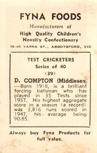 1950 Fyna Foods Test Cricketers #39 Denis Compton Back