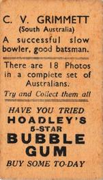 1933 Hoadley's Australian Cricketers (5-Star Bubble Gum) #NNO Clarrie Grimmett Back