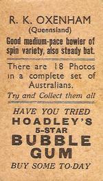 1933 Hoadley's Australian Cricketers (5-Star Bubble Gum) #NNO Ronald Oxenham Back