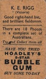 1933 Hoadley's Australian Cricketers (5-Star Bubble Gum) #NNO Keith Rigg Back