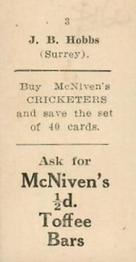1929 McNivens Confectionery Cricketers #3 Jack Hobbs Back